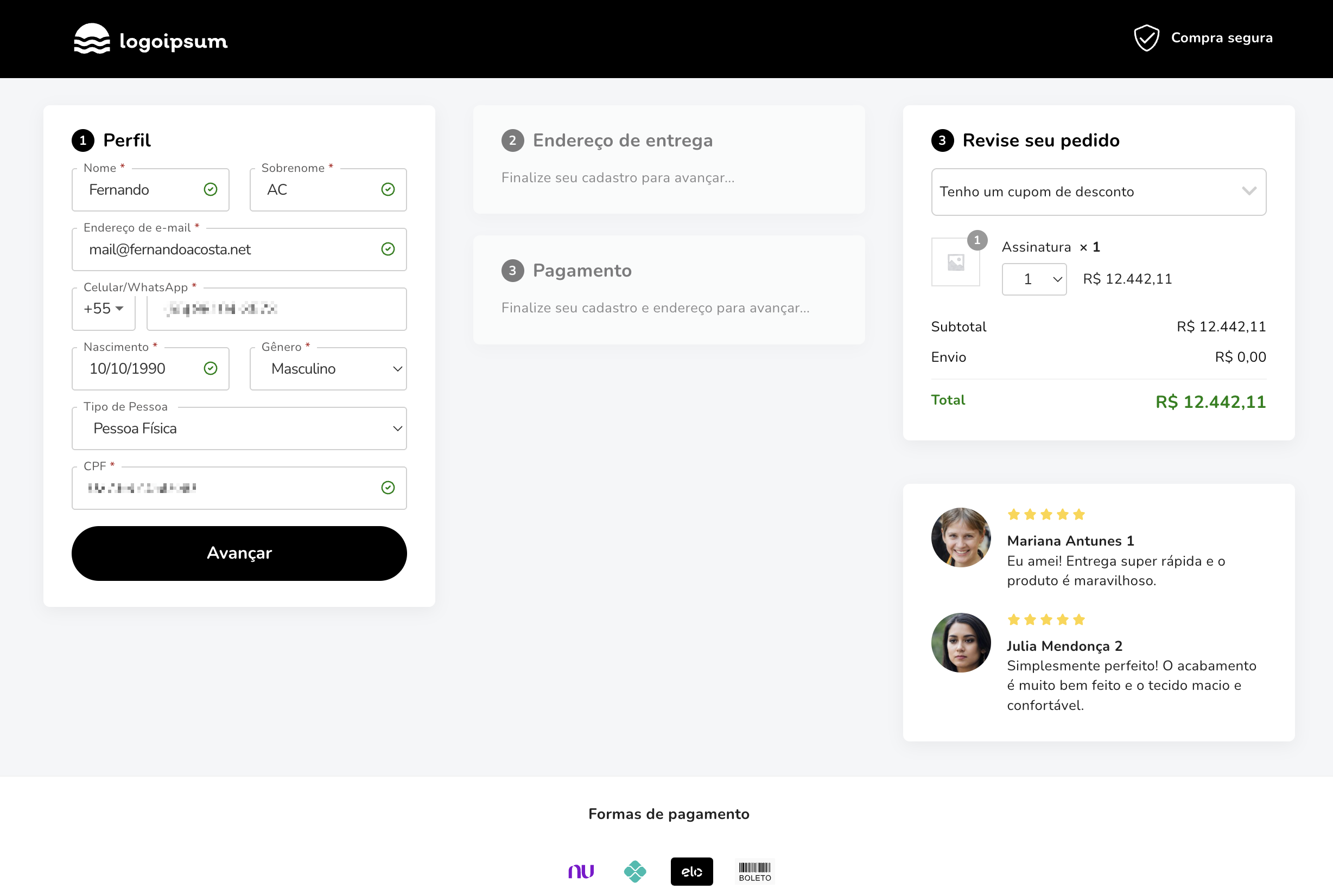 Checkout Rishi — Dados pessoais