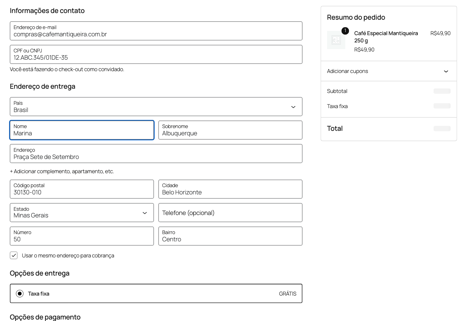 Checkout em blocos do WooCommerce com o campo CPF ou CNPJ preenchido com um CNPJ alfanumérico e o endereço completado pelo CEP 30130-010