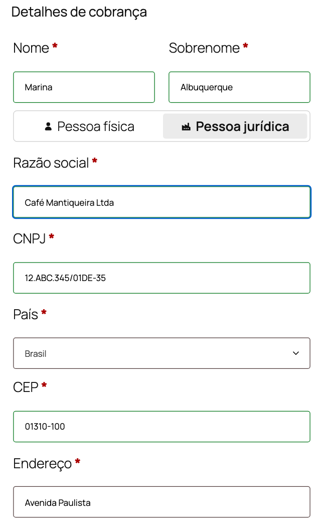Checkout do WooCommerce com o plugin, pessoa jurídica selecionada e campo de CNPJ