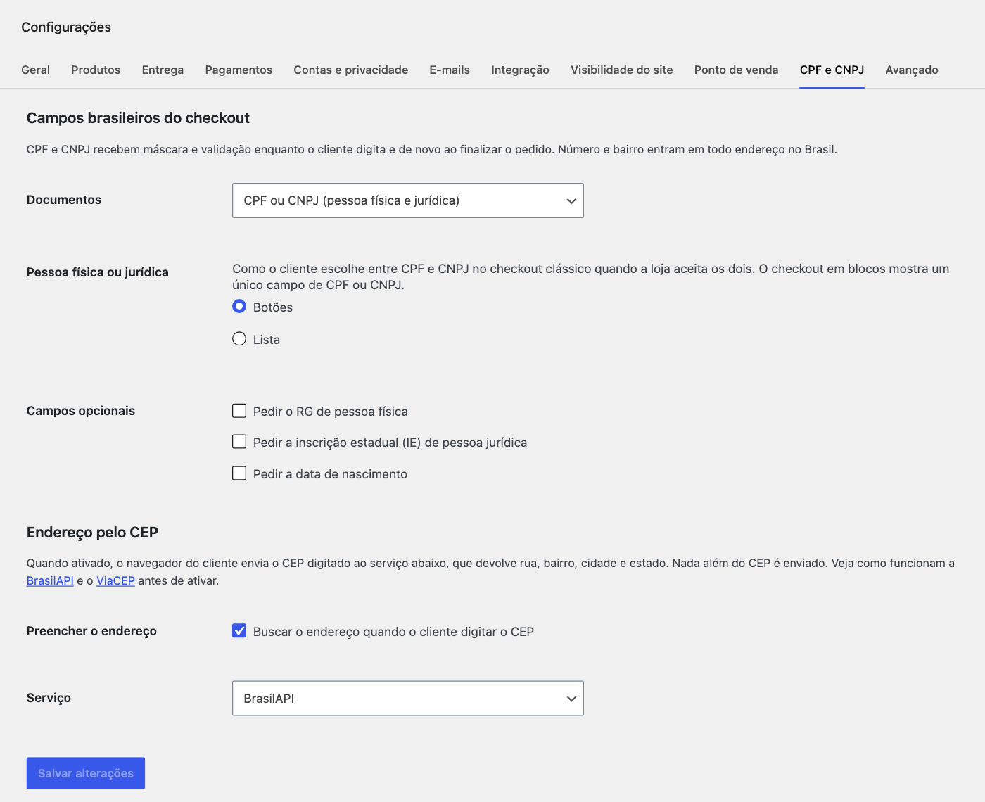 Tela WooCommerce, Configurações, CPF e CNPJ com o tipo de pessoa e os campos opcionais do plugin