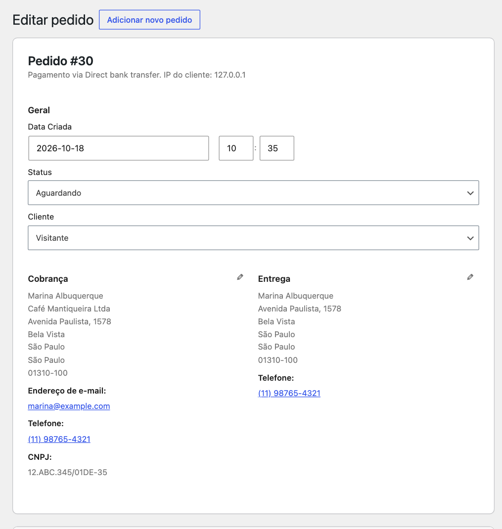 Pedido no painel do WooCommerce com razão social, CNPJ alfanumérico, número e bairro no endereço de cobrança