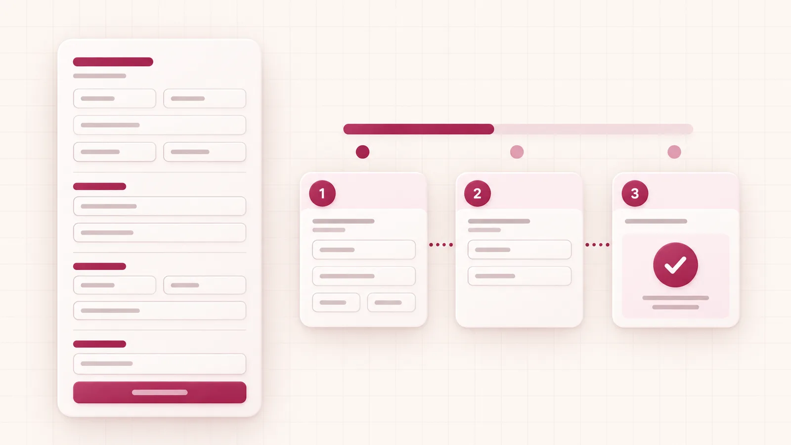 Ilustração comparando um formulário de checkout longo em uma única página com três cartões de etapas numeradas, ligados por uma barra de progresso e com um check na última.
