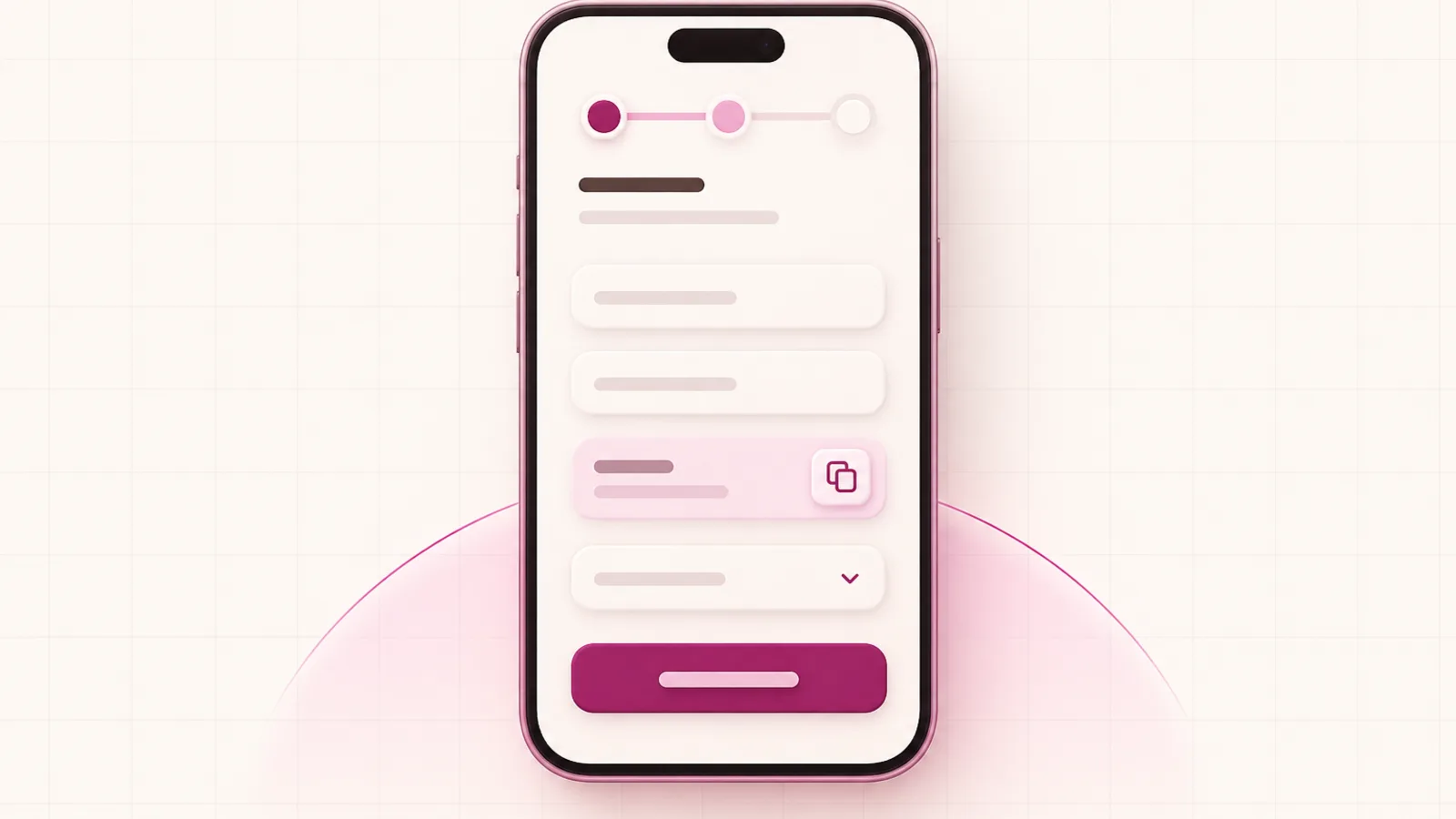 Ilustração de um celular exibindo um checkout em etapas com indicador de progresso, botão grande e atalho para copiar o código, com um arco marcando o alcance do polegar.
