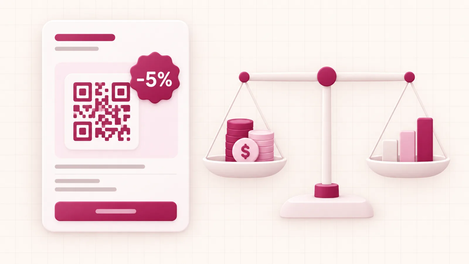 Ilustração de um cartão de pagamento com QR Code e selo de 5% de desconto, ao lado de uma balança equilibrando moedas e um gráfico de margem.