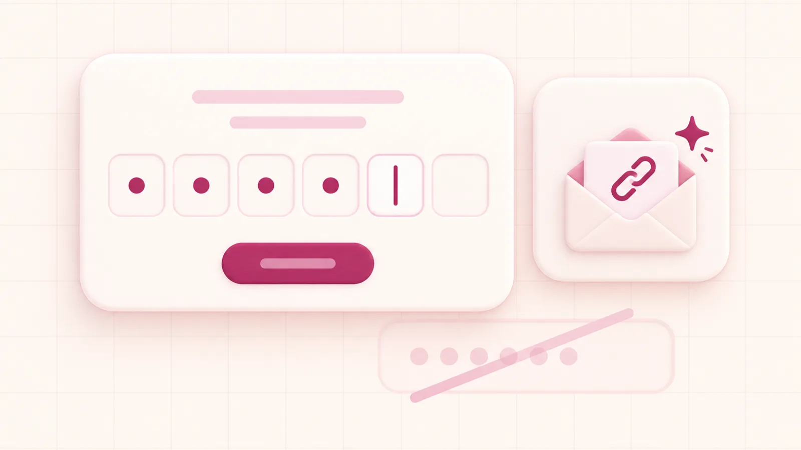 Ilustração de uma tela de login com campos de código de acesso sendo preenchidos, um e-mail com link de acesso e um campo de senha riscado.